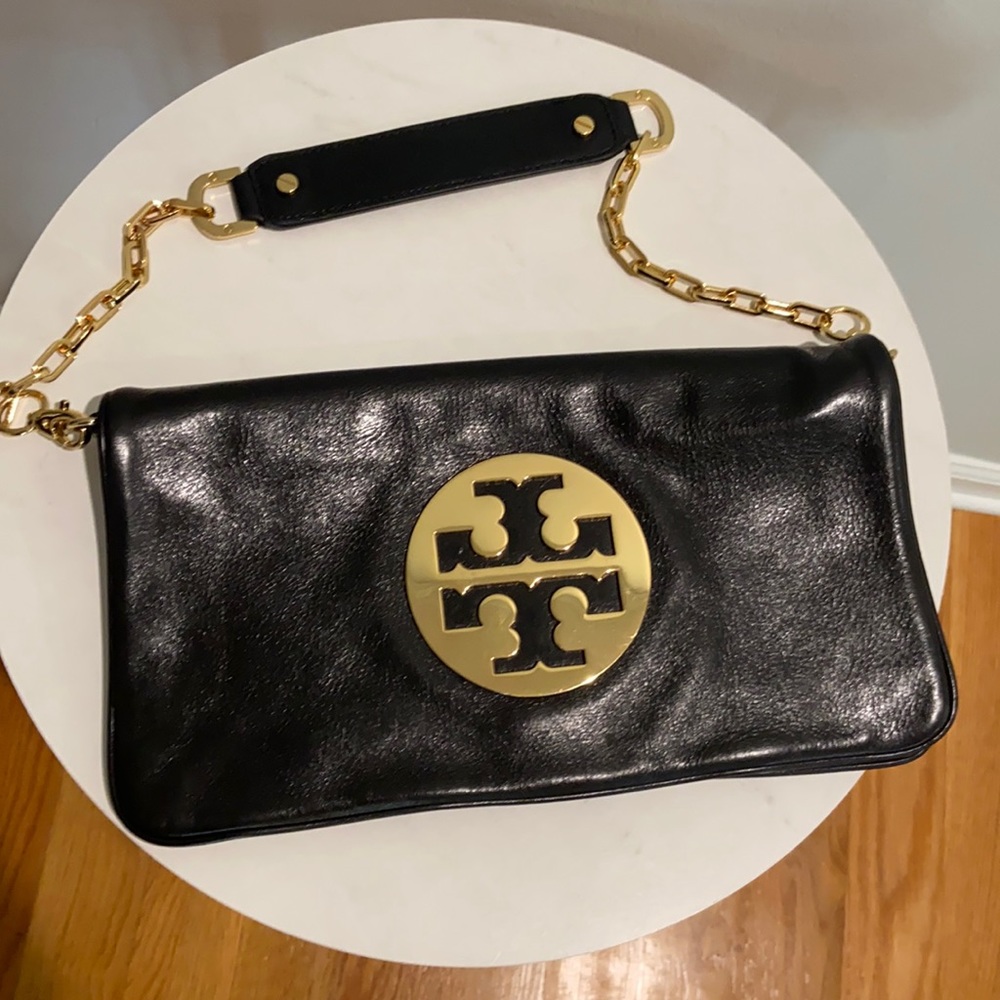 Tory Burch “Reva” Gold Logo Flap Shoulder Clutch